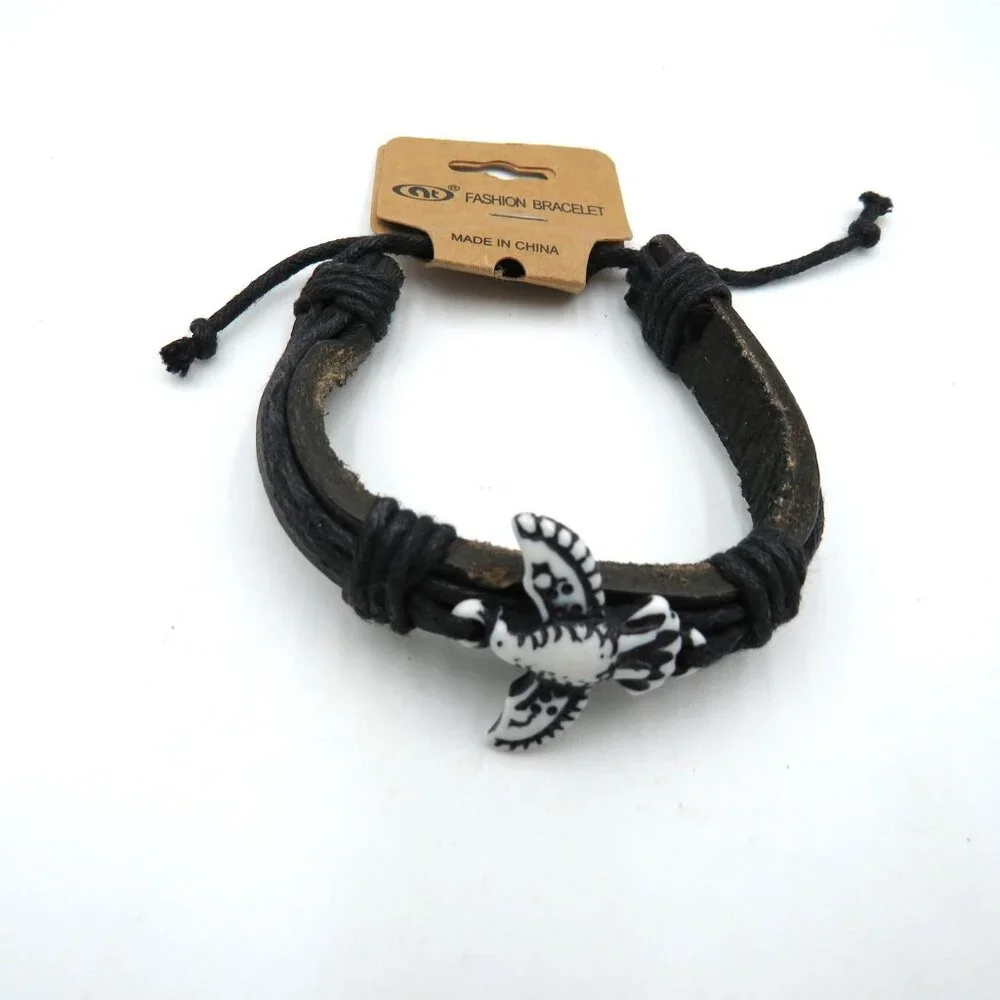 Adjustable Black Leather Cord Bracelet‎ Boho Bird Charm Fashion Wristband